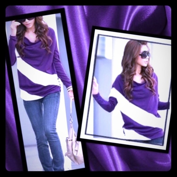 Purple & white stripe drape front batting long sleeve top, size small - Picture 2 of 4
